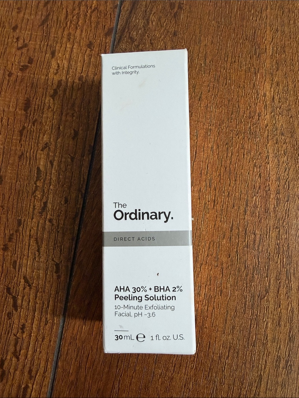 The Ordinary white and gray clinical peeling solution box